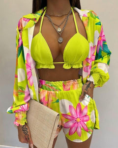 Floral / Solid Color Beach Style Printing Casual 3-Piece Suit