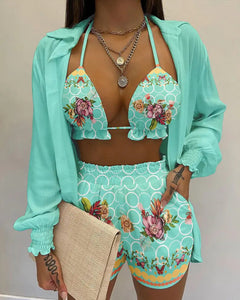 Floral / Solid Color Beach Style Printing Casual 3-Piece Suit